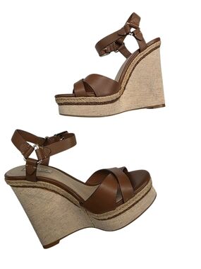 Massimo Dutti Brown Leather Platform Espadrille Wedge Sandals